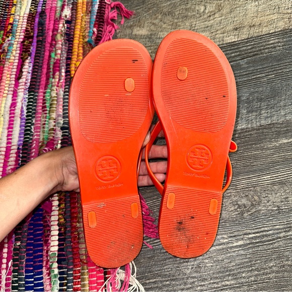 TORY BURCH orange and gold jelly bow flip flop thong sandals 7 - Picture 4 of 6